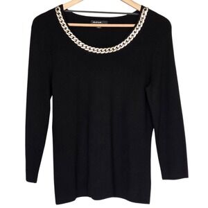 Think Tank Black 3/4‎ Sleeve Knit Top Medium Chain Neckline Minimal Old Money